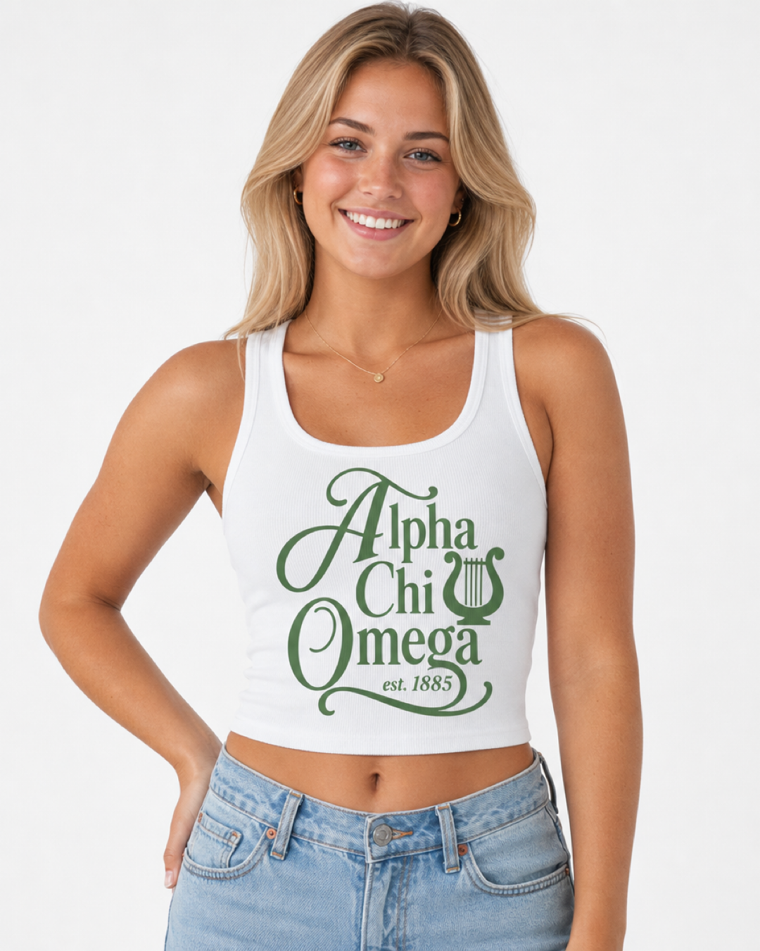 Alpha Chi Omega white rib tank with chapter design