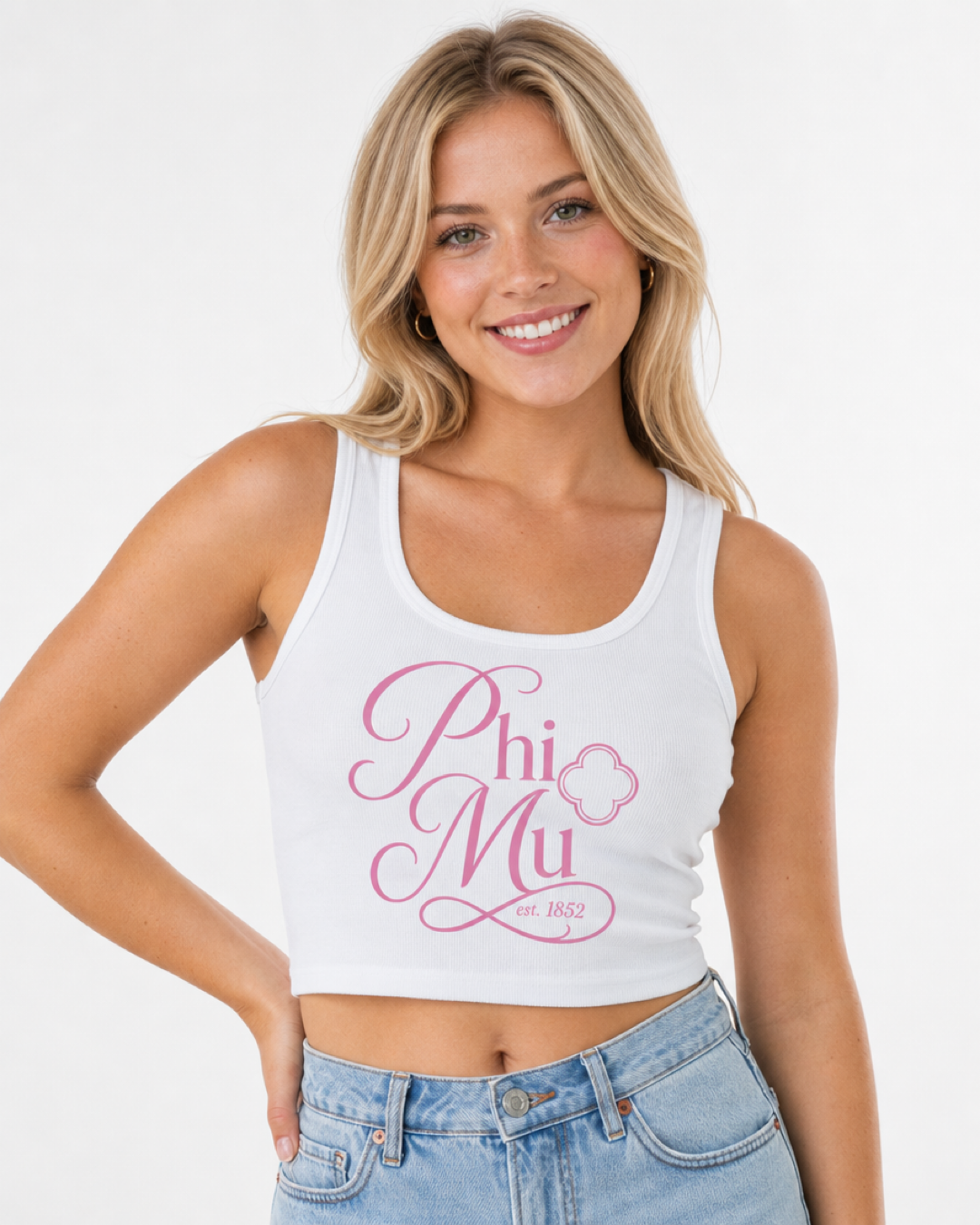 Phi Mu white rib tank with chapter design